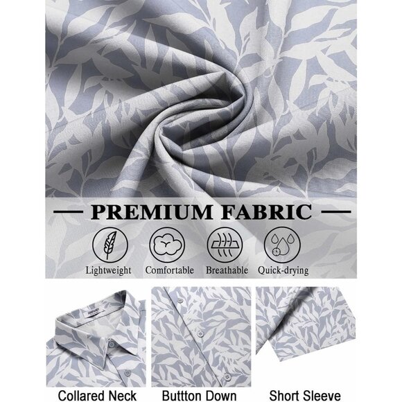 Mens Lite Gray Hawaiian Shirt Short Sleeve Button Down Tropical Floral Beachwear - Picture 5 of 6